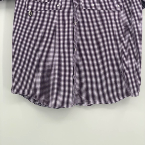 Columbia PFG Button Down Polo Shirt Short Sleeve Gigham Plaid Purple White Large - Picture 3 of 11